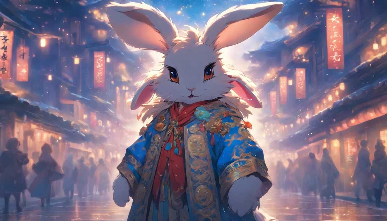 Zodiac rabbit Furry rabbit, ,Big eyes, Wear festive attire, Standing on the side of the street, Ancient style, Artistic touch,Snes painting