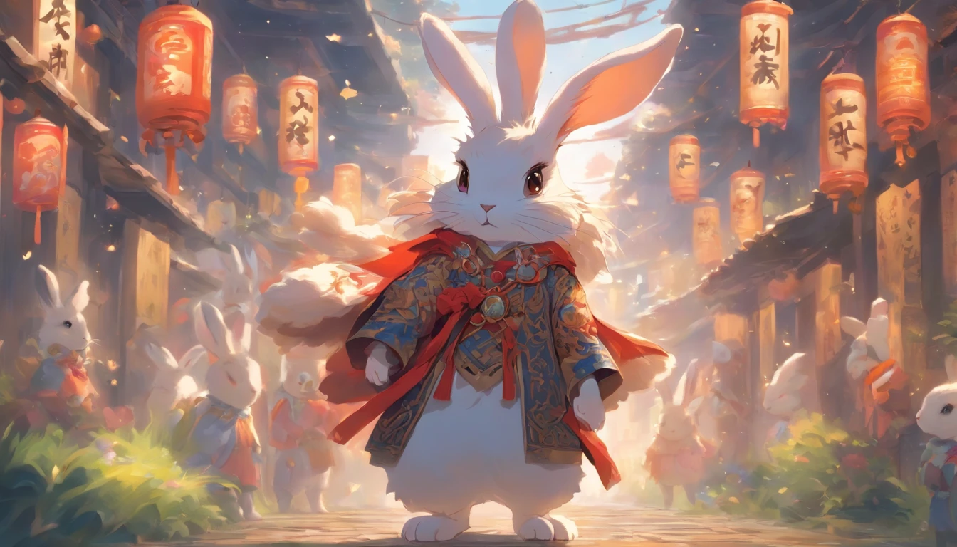 Zodiac rabbit Furry rabbit, ,Big eyes, Wear festive attire, Standing on the side of the street, Ancient style, Artistic touch,Snes painting