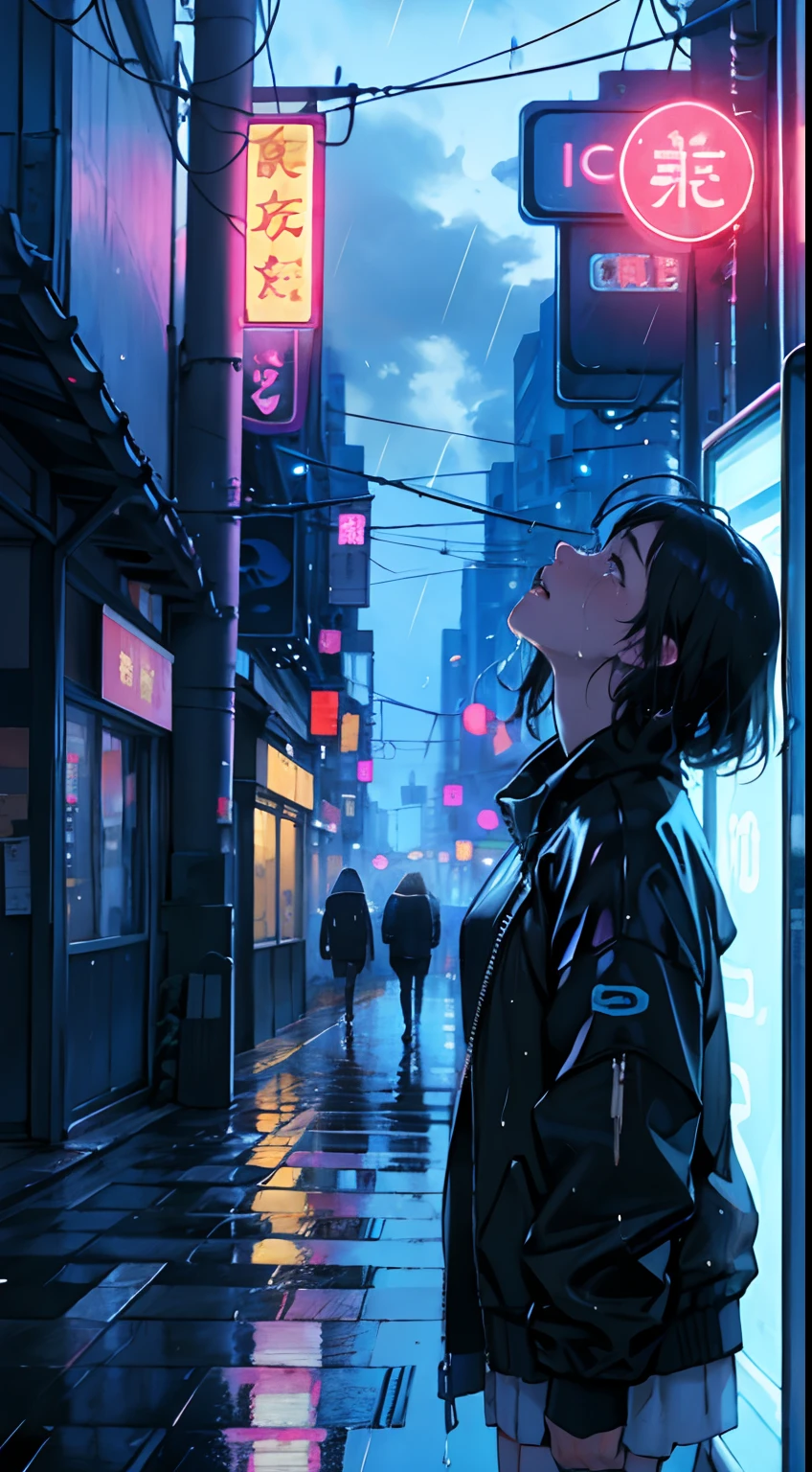 masterpaintings,optimal quality,rainfall,adult woman,Beautie、Very depressive,With short black hair,is crying,Looking up at a cloudy sky、Neon street in the background、Neon color is blue