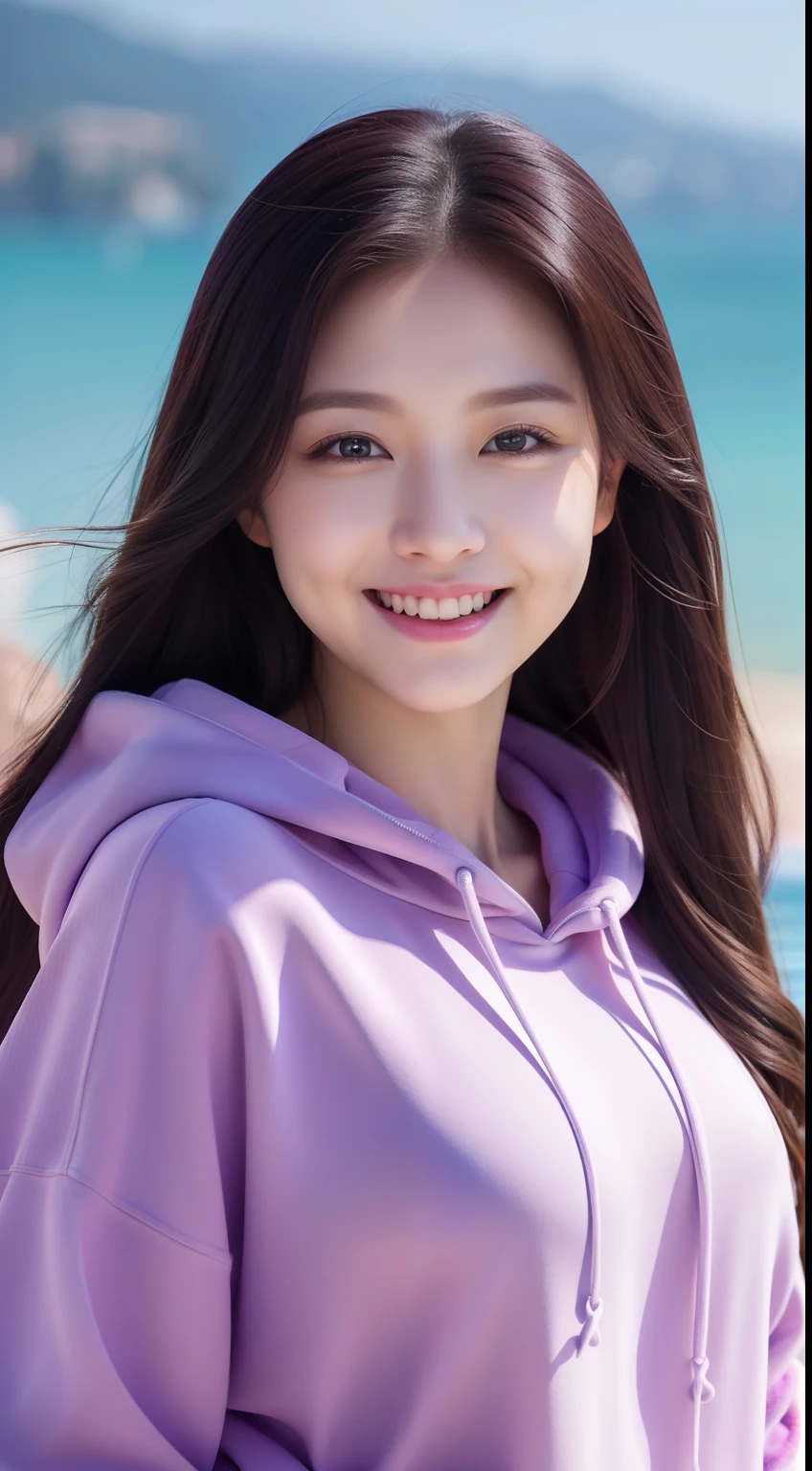 realistic photos of 1 cute Korean star, straight hair, hair flying, white skin, thin makeup, 32 inch breasts size, slightly smile, wearing purple hoodie sweater, mountain and sea is background, close-up portrait, UHD