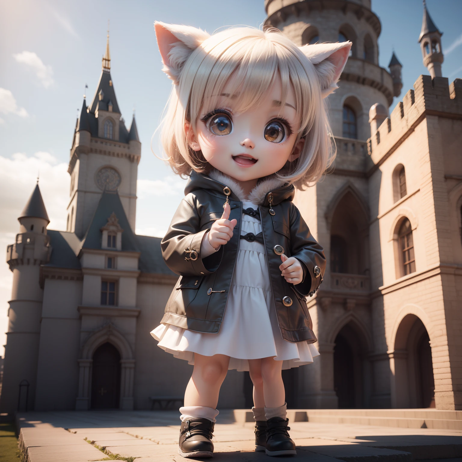 Cute Chibi Anime、(((Chibi 3D))) (Best Quality), (masutepiece)、Littf、Gray coat、In front of the old castle of fairytale land、Open your mouth and smile、A detailed face、Standing、