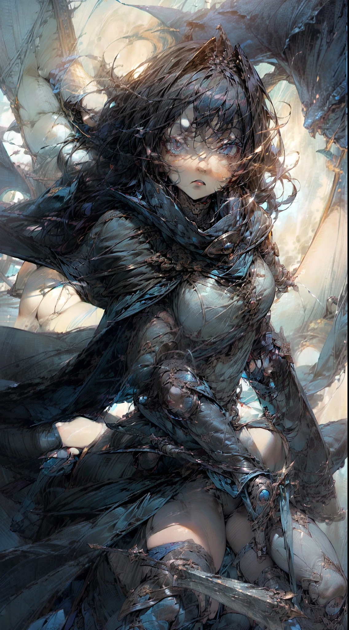 (masutepiece, of the highest quality, Highest Quality, Detailed and Intricicated, Official art, Beautiful and aesthetic:1.3), (1 girl:1.3), Long Black Hair, Beautiful Japan face, Big eyes, ((The pupil of the right eye has a blue dragon emblem)), The left eye is black, ((blue cape)), ((blue scarf)), ((On his left hand ((In his left hand is a dagger with the power of lightning.)) , ((Right Arm Wind Gauntlet)), White shirt, thighs thighs thighs thighs, ((Boots for flying with feet)), Black hair, Hair on the shoulders, Mismatched pupils, mismatched sclera, Iconic pupils, surrealism, Character Chart, Reference Sheet, Tachi-e, Ticker, masutepiece, ((blue cloak)), ((blue scarf)) Anatomically correct, Textured skin, high detailing, awardwinning, Best Quality, High resolution, hard disk, High quality