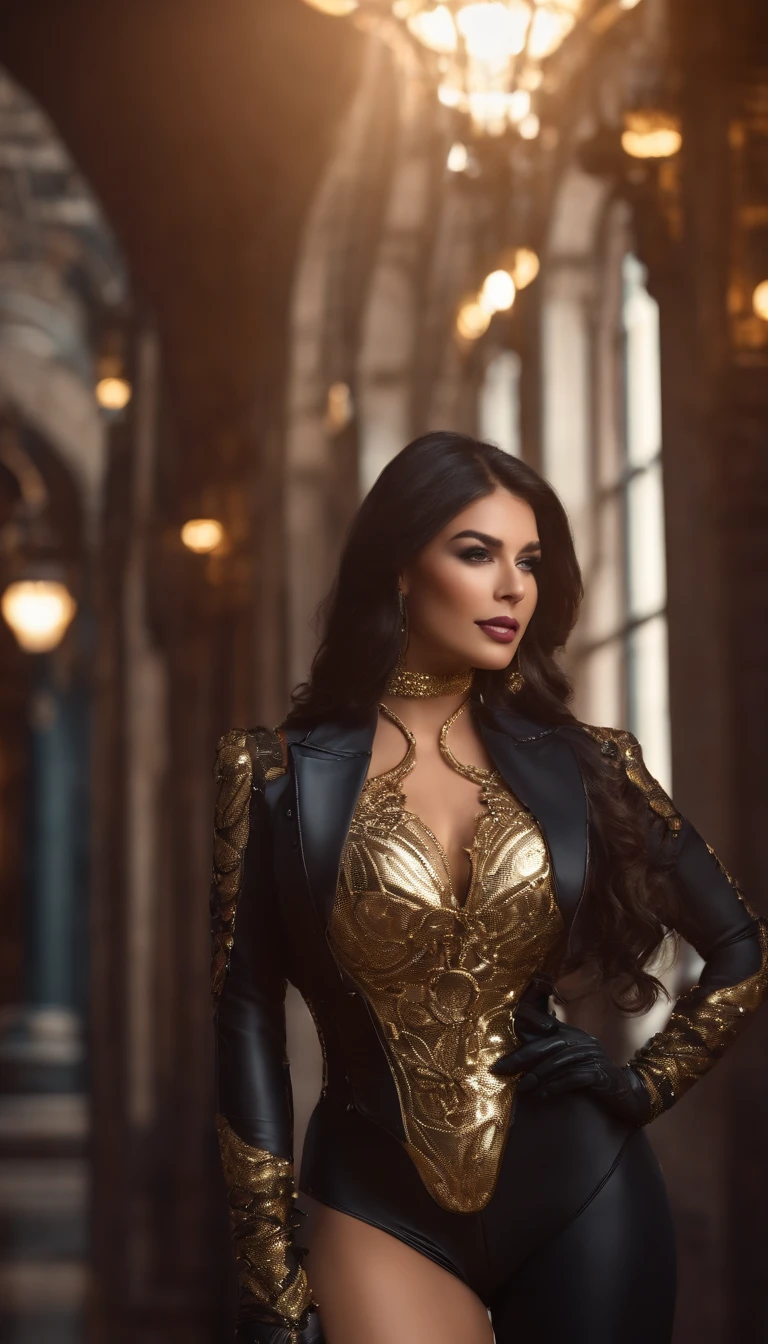 (((Best quality))), (((Masterpiece))), Solo, ultra fine photos, full body picture Unreal Engine 5 8K UHD, Beautiful woman, Curvy woman, Face detailed, Wear a skinny latex one-piece suit,Finished with gold lace, Latex collar, latex glove, Latex garter belt, Arm and leg cuffs, Unified 8k wallpaper, ultra - detailed, Sharp focus, Walk in a futuristic city.