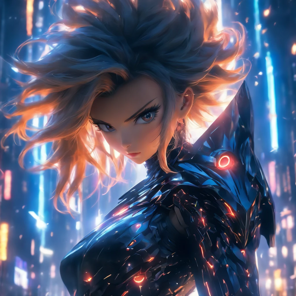 Realistic, unreal engine, beautiful woman wearing black reflective coating futuristic armor, dark fantasy background, medium shot, anamorphic lens flare effect