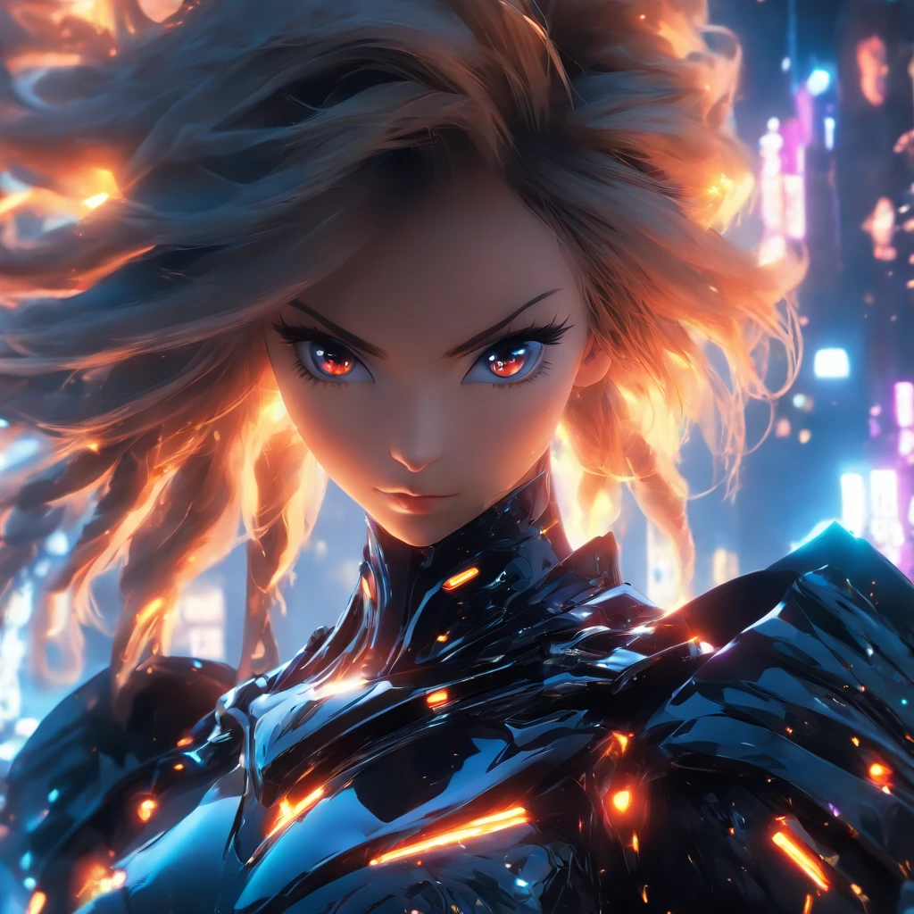 Realistic, unreal engine, beautiful woman wearing black reflective coating futuristic armor, dark fantasy background, medium shot, anamorphic lens flare effect