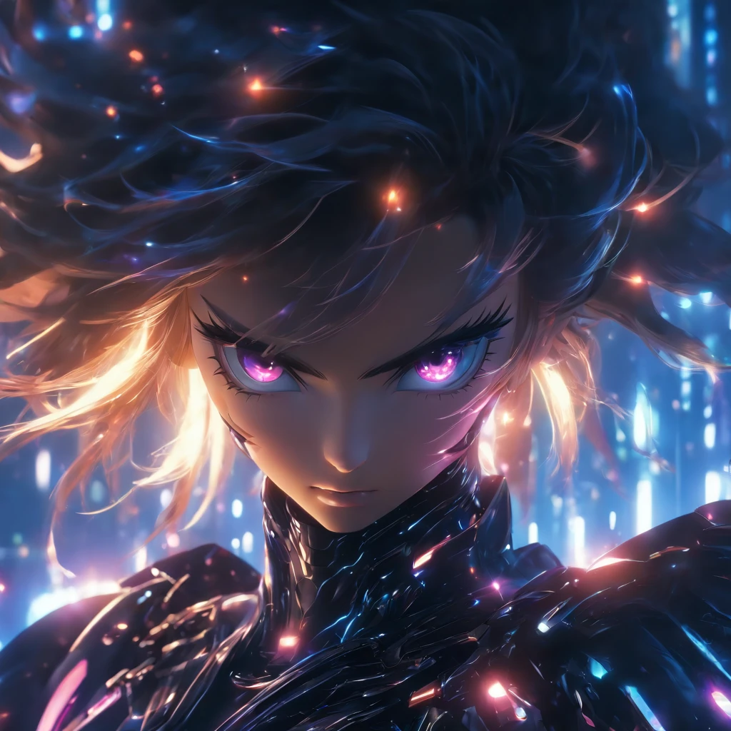 Realistic, unreal engine, beautiful woman wearing black reflective coating futuristic armor, dark fantasy background, medium shot, anamorphic lens flare effect