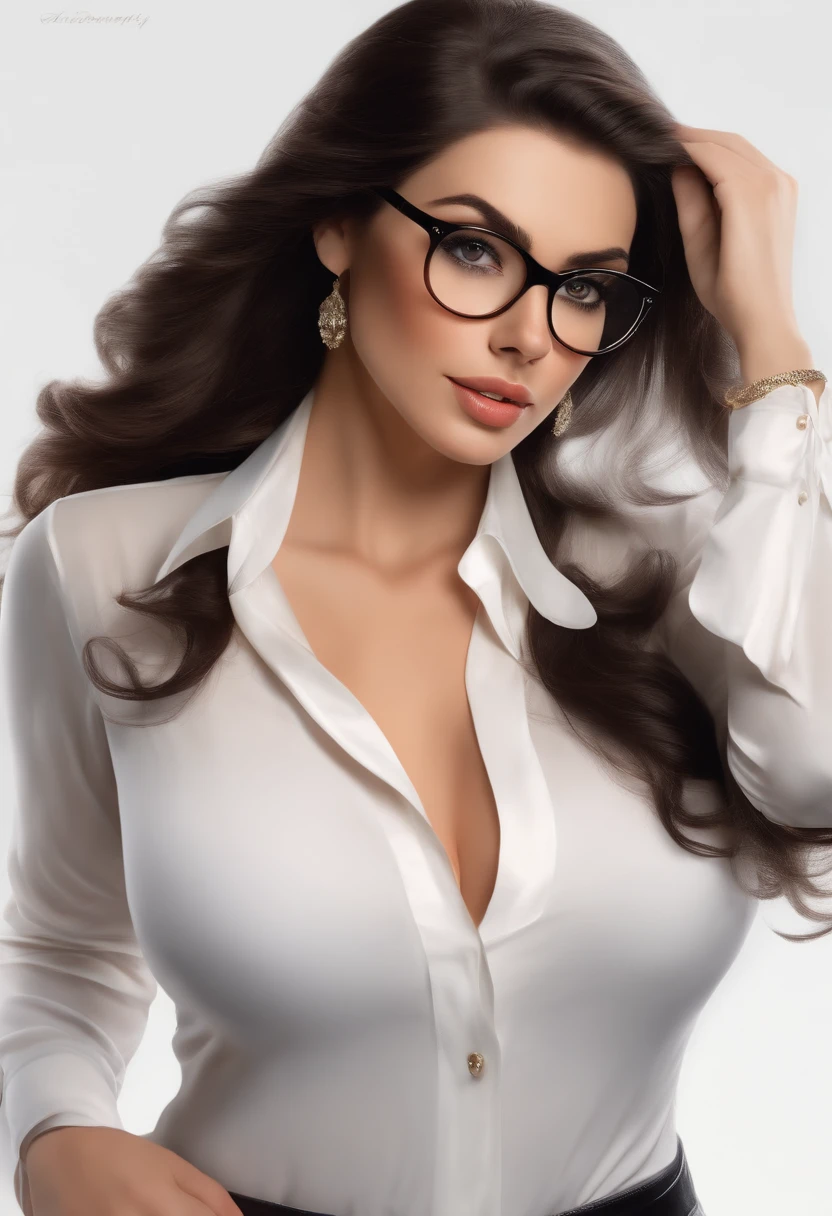 A pretty girl with dark hair and big, brown bambi eyes. Her figure is curvy, the 3/4 shot hinting at her perky b-cups. She's in her early twenties. Whitout blouse, and wears elegant, timeless glasses.