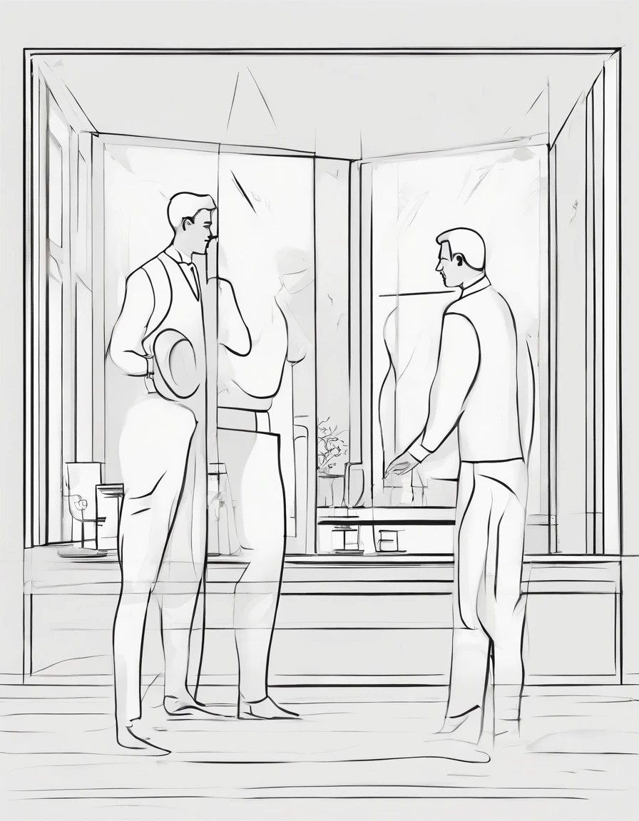 grown man touching mirror speaks to himself, sees himself in reflection as little boy who also touches mirror outline illustration