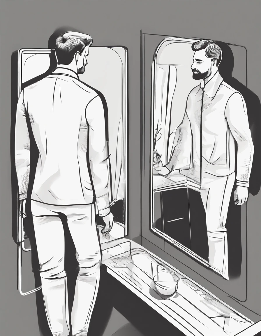 grown man touching mirror speaks to himself, sees himself in reflection as little boy who also touches mirror outline illustration