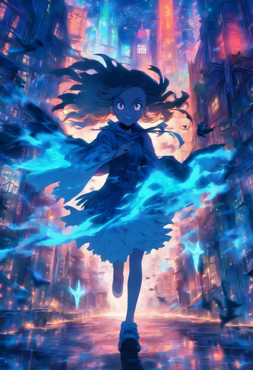 A girl runs through a ghostly city, luna, Crows