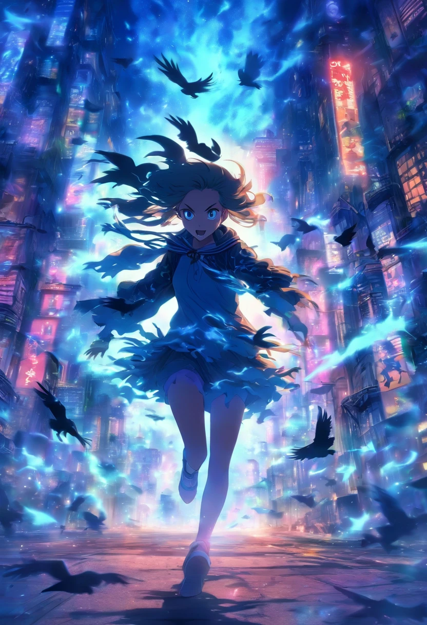 A girl runs through a ghostly city, luna, Crows