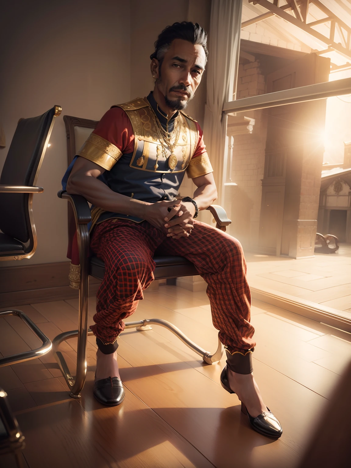 King seat, king dressed, background kings house , crowded