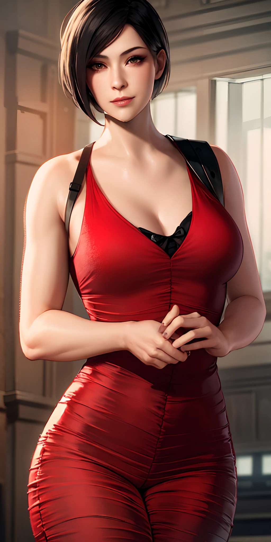 1girl, cowboy shot of beautiful ada, looking at viewer, red dress, black hair, blush, short hair, athletic night, volumetric lighting, best quality, masterpiece, intricate details, tonemapping, sharp focus, hyper detailed, trending on Artstation, ada, realistic