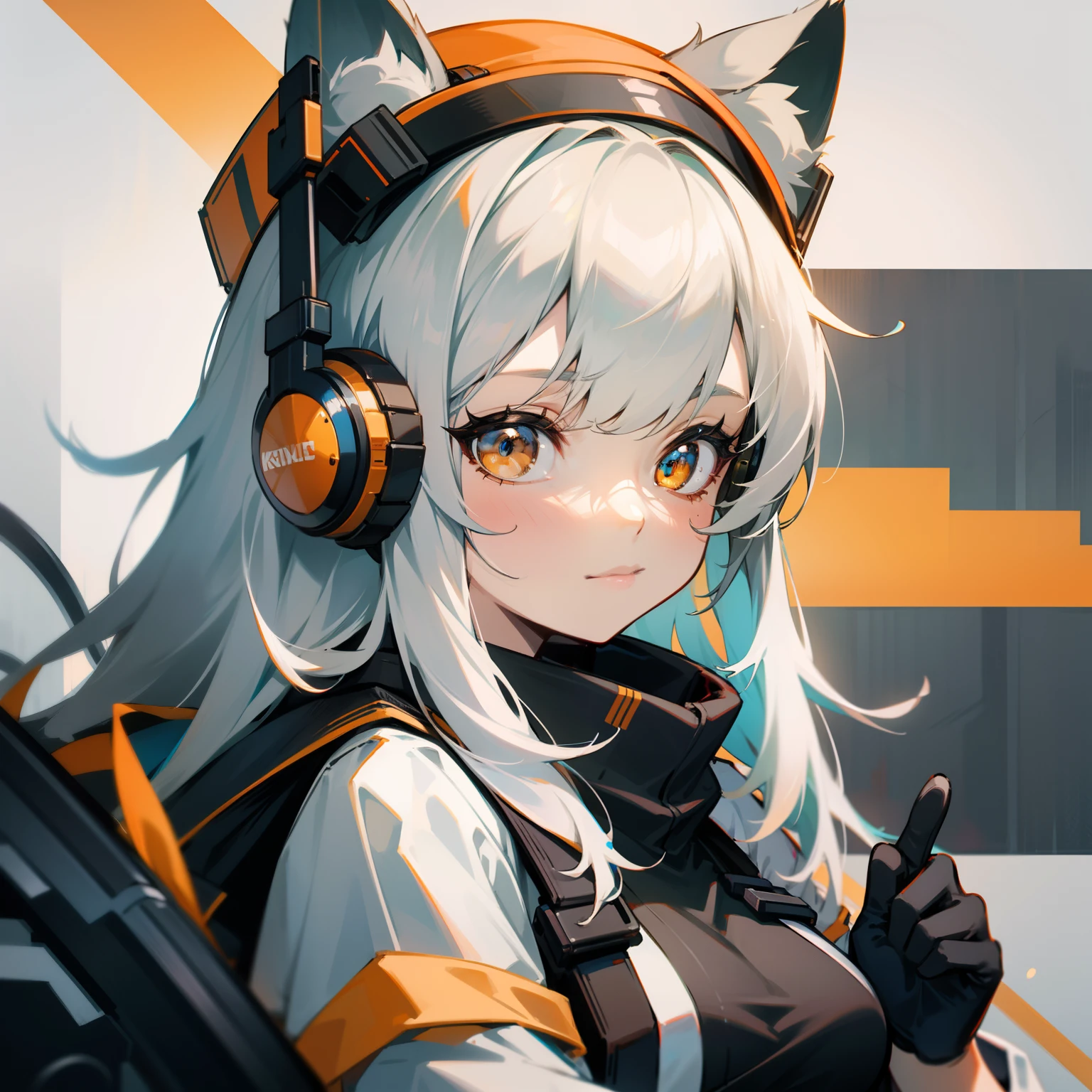 a close up of a person wearing orange headphones and a hat, from arknights, from girls frontline, arknights, girls frontline style, anime style 4 k, anime girl with cat ears, kantai collection style, beautiful anime foxgirl, cute anime foxgirl, girls frontline universe, anime fox girl, high quality anime artstyle, foxgirl, detailed anime character art,white hair