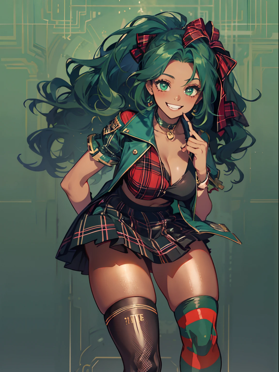 Malachite Green Hair, hair between eye, Wavy Hair, Side Ponytail, {{Dark-skinned}}, From thigh to shoulder, Smiling and looking at me, voluptuous breasts, femele_18 only,Red plaid mini skirt,Black High Socks,