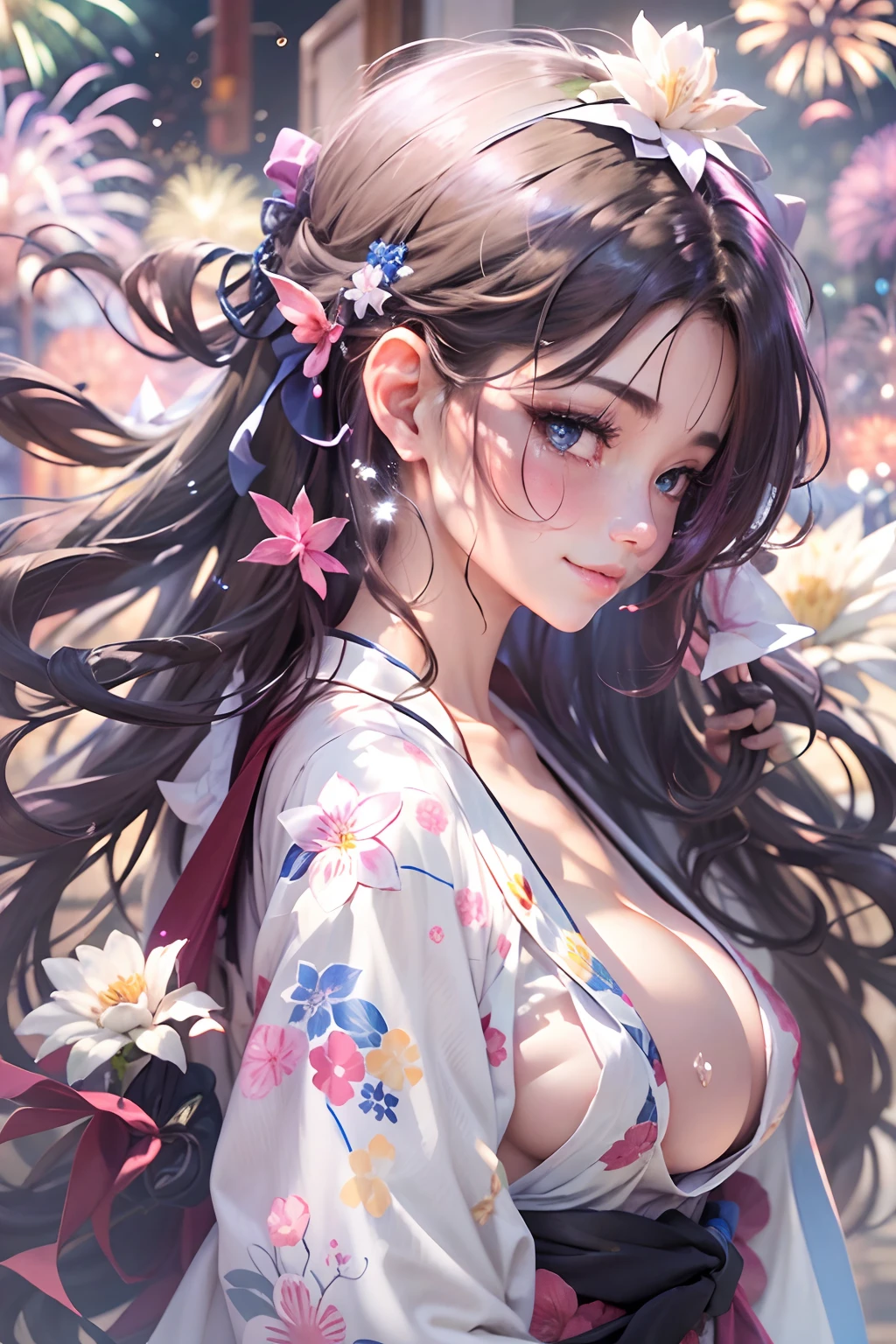 8K picture quality、top-quality、masutepiece、An ultra-high picture quality、ultra-detailliert、Ultra-realistic hair quality、Vibrant colors、动态照明、Beautuful Women、独奏、Beautiful long hair、Shiny hair、detailed hairs、Black hair、poneyTail、Blue eyes、A smile、drooing eyes、long eyelashes、Thick eyebrows、Moles in the corners of the eyes、shinny skin,,,,,,,,,、No underwear、big areolae(1.3)、pointed Nipple、Mole next to the areola、large pectoral muscles、large udder、Sweat all over the body、big butts、Off-shoulder yukata、Floral pattern、white colors、shuicolor、Yukata with the upper body removed、A smile、soft pink lips、Moisturized skin、Ultra-realistic flesh feeling、Red cheeks、Fireworks display in the background、Fireworks in the night sky、You can also see the stars、Fireworks in your eyes、The light of fireworks illuminates her、Knees and legs open、Sit on the ground、Hands behind your back、Exposed genitals、Exposed 、Countless sweats all over the body、