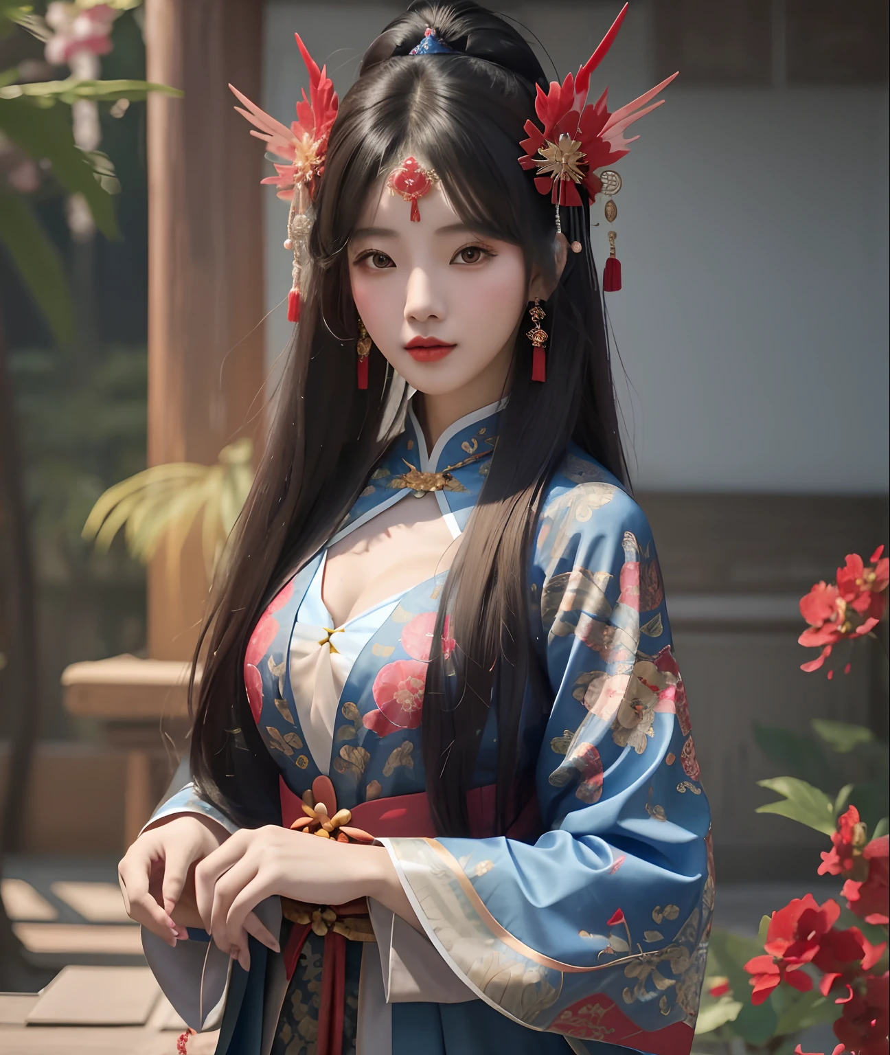 Arapei asian woman posing in blue and red dress for posing, Palace , A girl in Hanfu, Hanfu, Chinese costume, Anime girl cosplay, a beautiful fantasy empress, with acient chinese clothes, Chinese style, Chinese girl, Guviz-style artwork, Wearing ancient Chinese clothes, Traditional beauty, Japanese goddess, Guviz