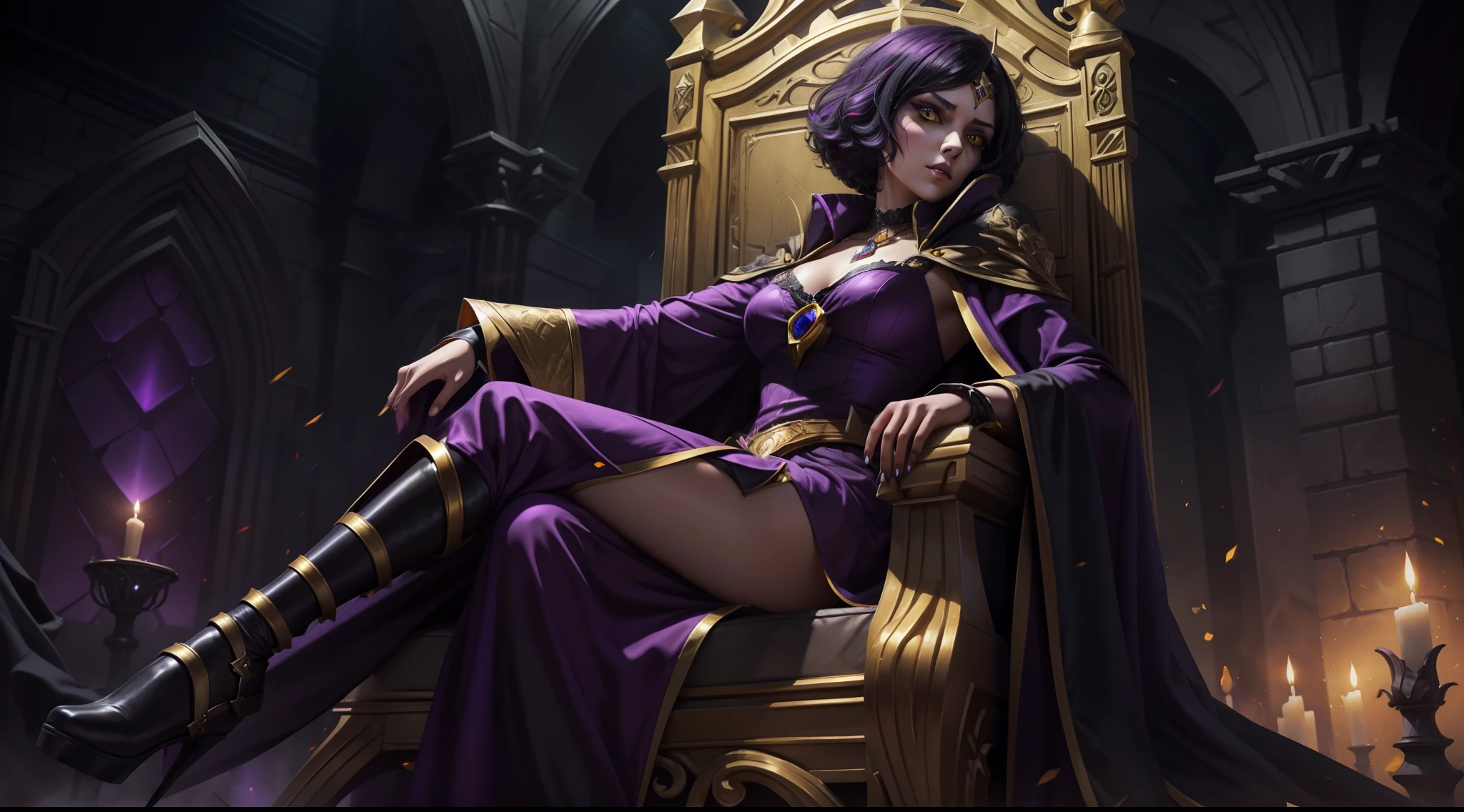 LeBlanc from League of Legends, LeBlanc, black eyeshadow, yellow eyes, sitting in a big throne, dark kingdom, short bob dark purple hair, messy hair, looking at the viewer, long purple cape, 8k, high quality, fixed face, clear face, pretty face