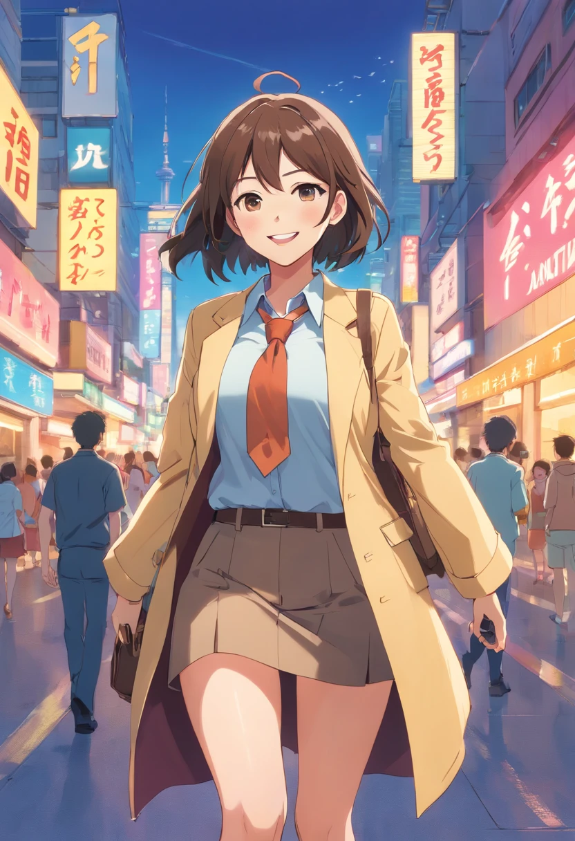 Massive tits, malay woman, pretty, age 40, white skin,thicc woman, thin waist, long hair, wear tight brown blazer, pink shirt, wear long khaki skirt, wear black high heels,long legs, carry bagpack, the other other hand inside the pocket, smiling wide, happy, full body shot, standing, zoom out, light yellow background, blue background, seamless background, professional lighting, professional studio, young style, gen-z style, happy style, happy gesture, fun gesture