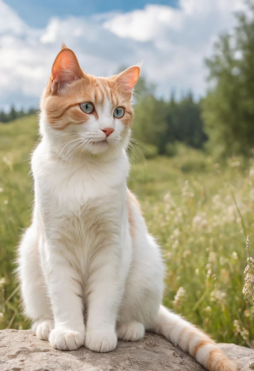 cute cat, sitting on a rock, meadow, clouds, blue sky