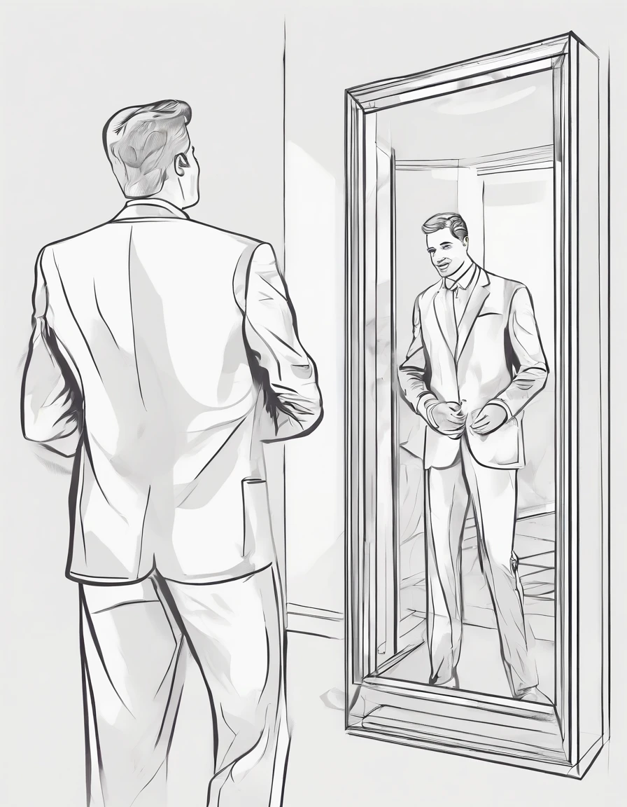 grown man touching mirror speaks to himself, sees himself in reflection as boy who also touches mirror