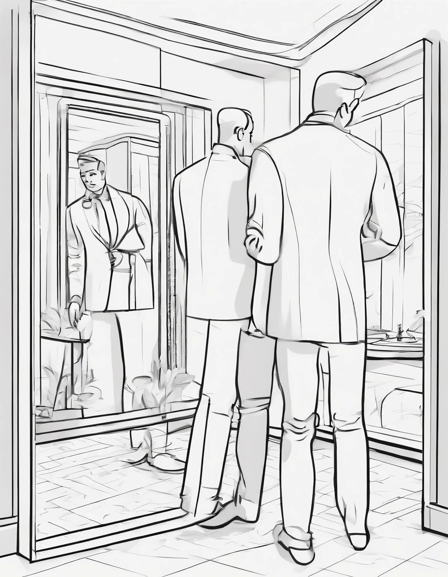 grown man touching mirror speaks to himself, sees himself in reflection as boy who also touches mirror