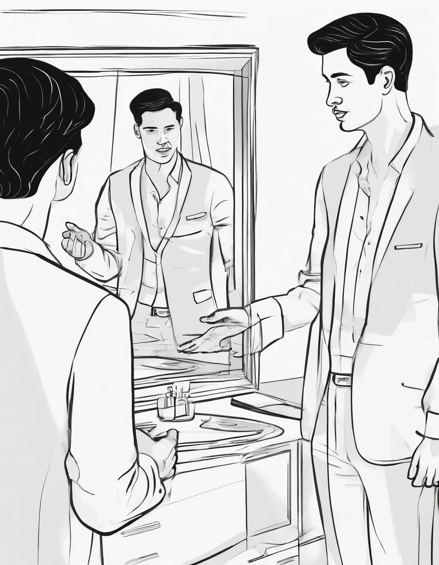 grown man touching mirror speaks to himself, sees himself in reflection as boy who also touches mirror