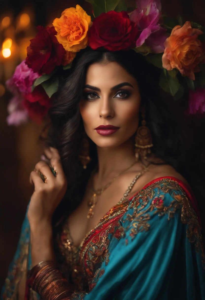 a gypsy Latina in typical mystical gypsy robes doing magic