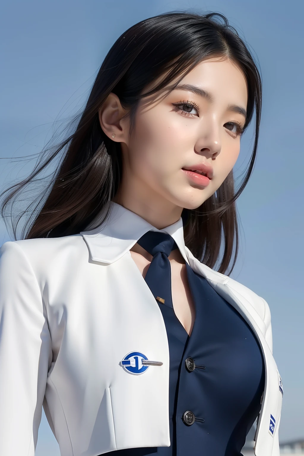 arafed asian woman in a blue and white uniform standing in front of a plane, cute pilot girl, korean girl, jaeyeon nam, beautiful south korean woman, cute girl wearing tank suit, pilot girl, taejune kim, korean woman, heonhwa choe, gorgeous young korean woman, girl with warship parts, wearing dirty ripped flight suit, beautiful south korean woman, korean girl, beautiful young korean woman, korean woman, heonhwa choe, korean women's fashion model, sexy look, big breast, sexy pose, show breast, light white hair