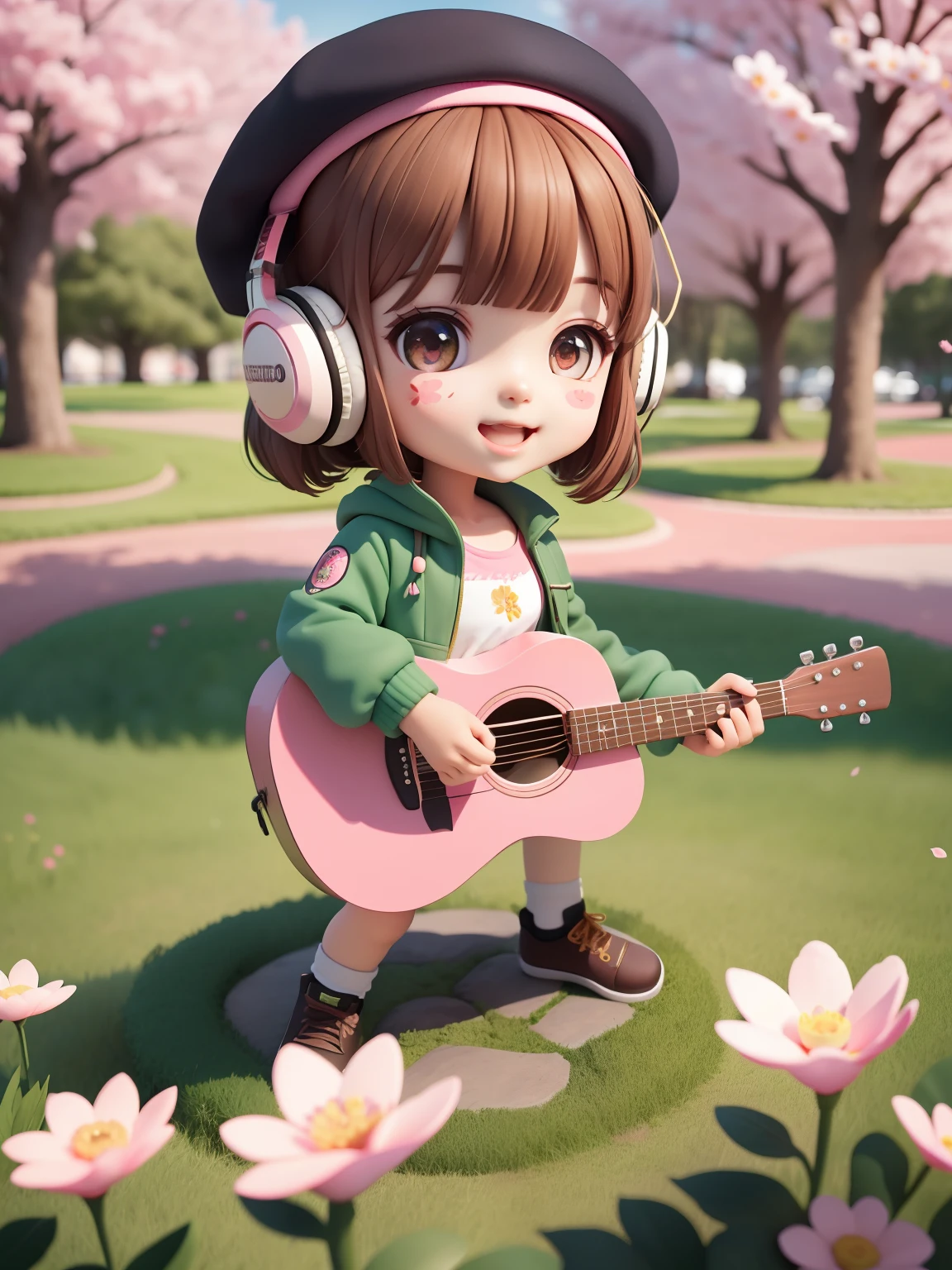 (masterpiece),(best quality),(ultra-detailed), (full body:1.2), 1girl,chibi,cute, smile, open mouth, flower, outdoors, playing guitar, music, beret, holding guitar, jacket, blush, tree, :3, shirt, short hair, cherry blossoms, green headwear, blurry, brown hair, blush stickers, long sleeves, bangs, headphones, black hair, pink flower, (beautiful detailed face), (beautiful detailed eyes),