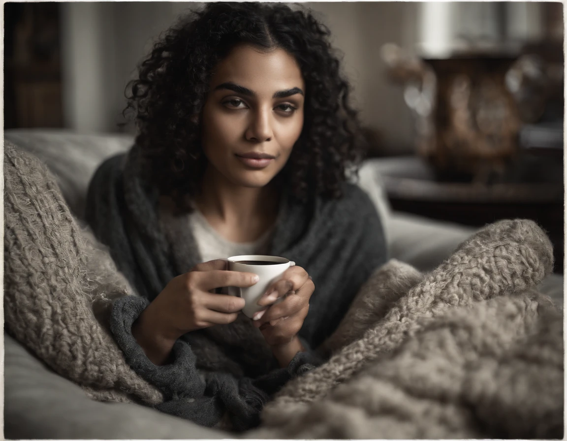 a girl sitting on couch with hood up and cup of coffee on coffee table, 1boy, solo, male focus, black hair, blanket