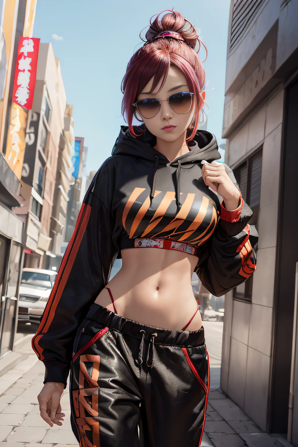 masutepiece, (Best Quality:1.4), realisitic, Highly Detailed CG Unified 8k Wallpaper, ighly Details, High Definition RAW Color Photography, professional photoshooting, realistic portrait, Cinematic light, beautiful detail, Breakbeat Blaze is a dynamic and confident female hero whose appearance reflects her vibrant and expressive style. She wears a street-inspired costume with a graffiti art motif, featuring bold colors and intricate designs. Her outfit includes a custom-designed hoodie, baggy pants, and high-top sneakers that allow her to move freely. Breakbeat Blaze has a shaved undercut hairstyle with vibrant, neon-colored highlights and a pair of round sunglasses that add to her urban flair. Her eyes sparkle with determination and energy, and she exudes a charismatic presence that draws people in.