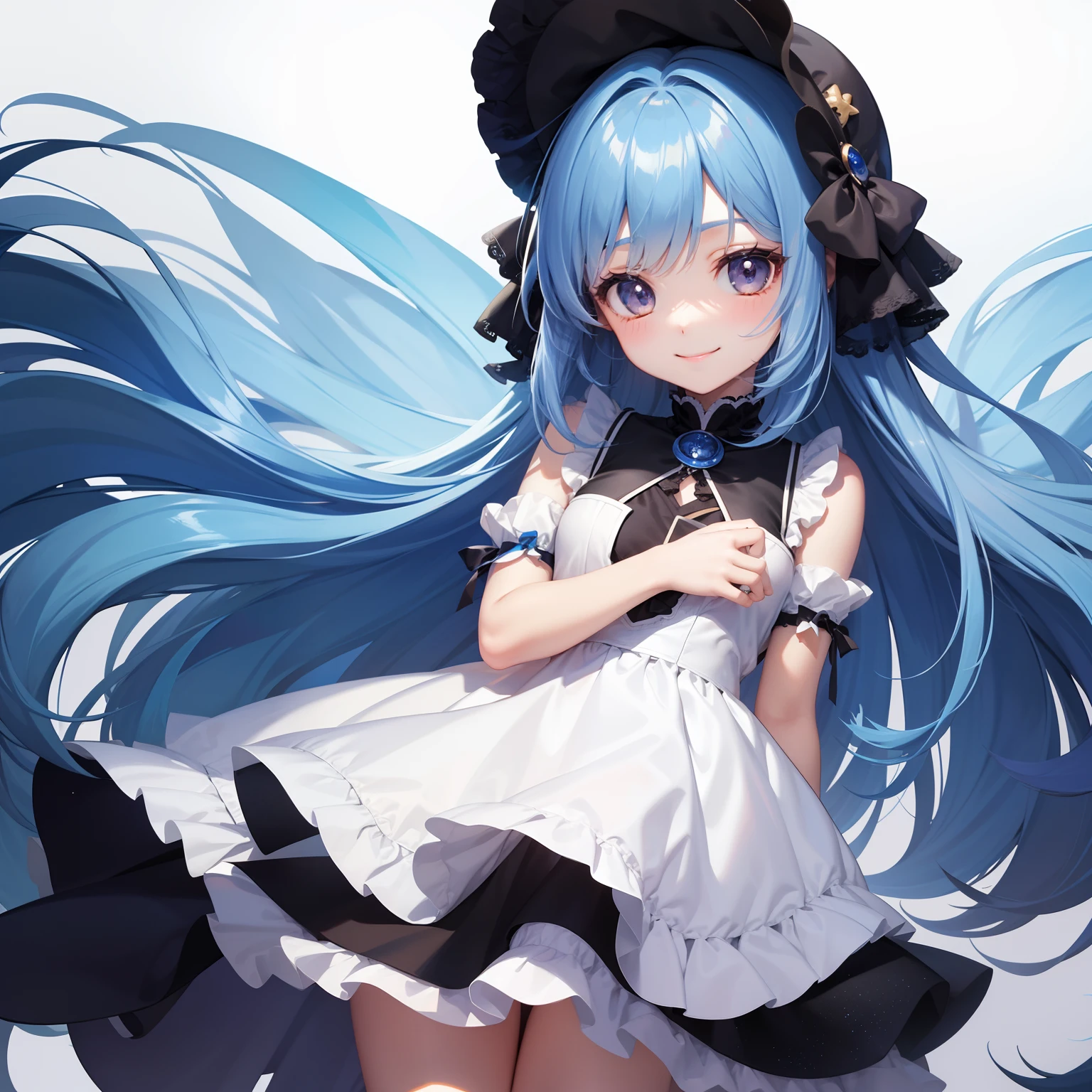 Little Chibi Chara　kawaii　Blue hair long hair　black eyes　Blue and white dress　a smile　Fantasia　(Chibi Chara)