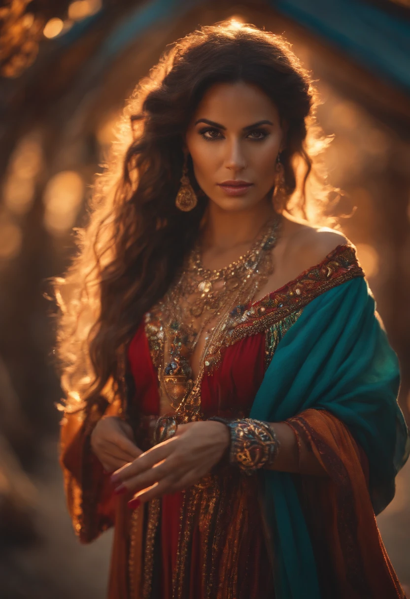 a gypsy Latina in typical mystical gypsy robes doing magic, rpg, fantasia, fantástio, 4k, UHD