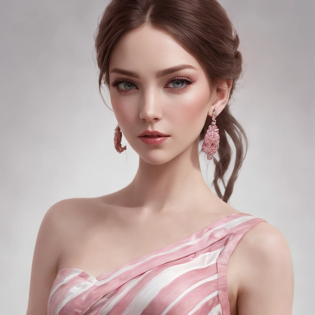Close up of Caucasian woman in pink striped dress posing for photo, Women have very pretty eyes, Wavy brown hair, She wears earrings, Digital art from digital painting, elegant and elegant, straplessdress, Gwise-inspired art, Lori de Dressed, Wearing elegant dresses, shy and demure, soft digital painting, In Bowater Art Style, detailed dress and face, ArtGerm. high detailing ,Anime