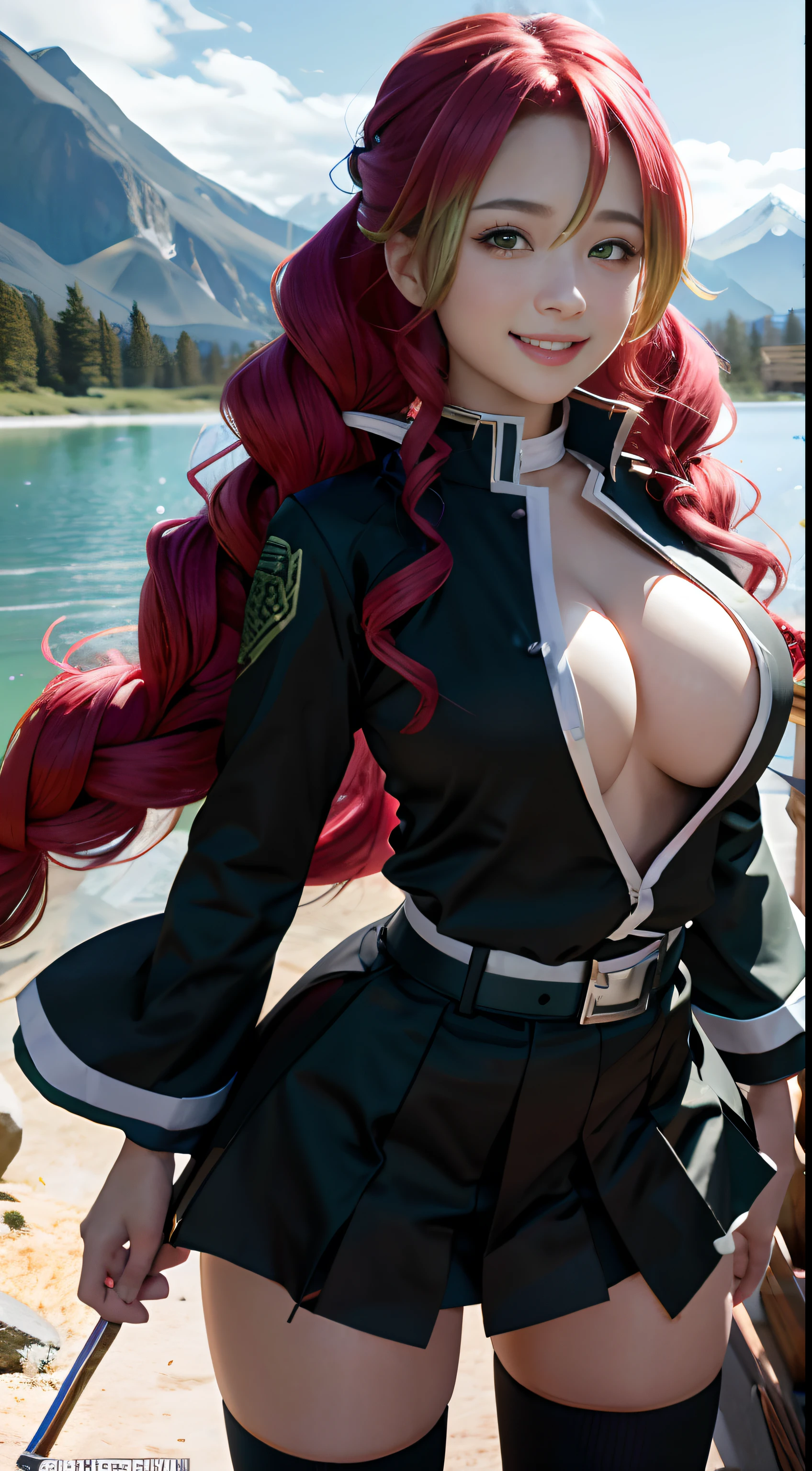 wallpaper 8K, ultra HD, mitsuri kanroji hair, extremely Realistic,, black slayer uniform. cute, , opened chests, big boobs, , bloody, full body, dancing, green shocks:3.0 , mountain background, smile face,. detailed face, detailed eyes , look behind,