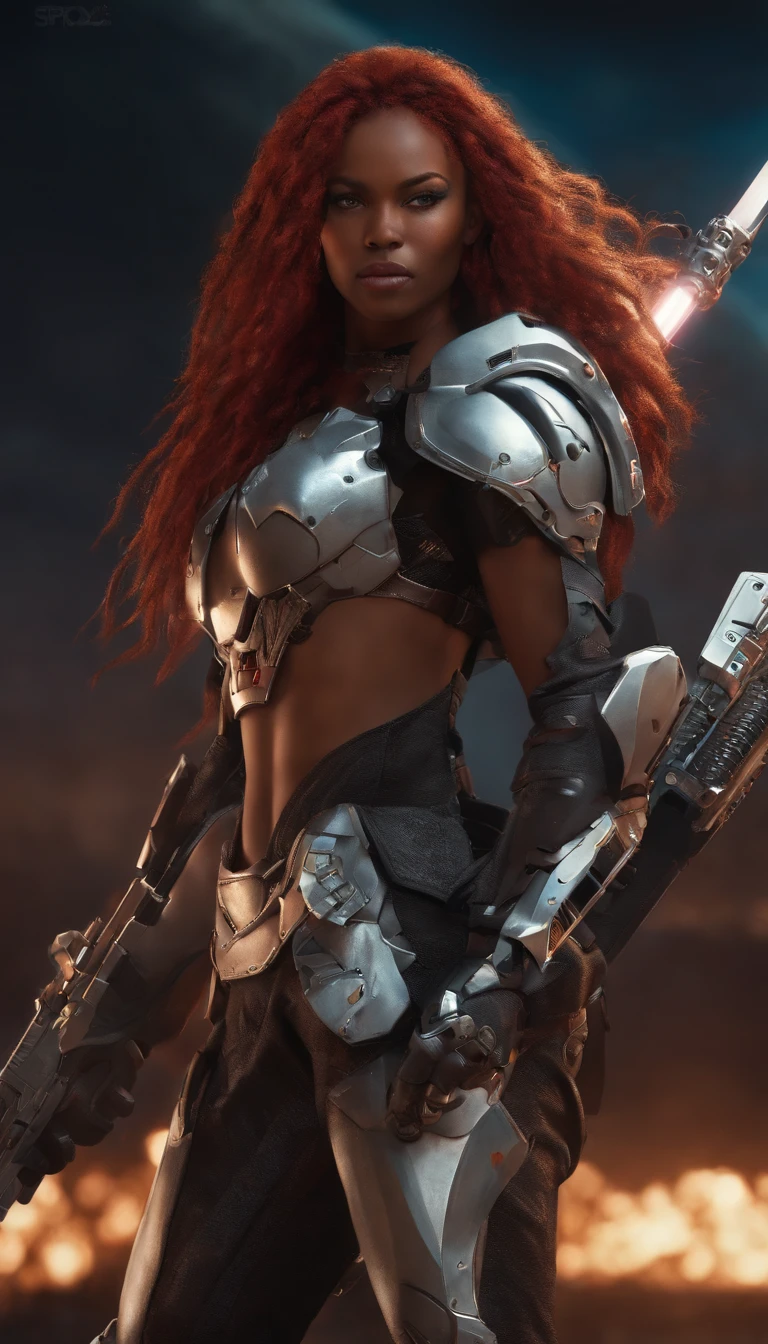 Realistic anime style, Japanese anime, Real anime, Anger release, Angry, African American cyborg soldier with double samurai sword, Long red hair braids, Glowing neon X eyes, There are shotguns on the sides, heavy Mecha armors, scybernetic, Cyberpunk, Colorful Japanese stickers on armor, On Venus, Wasteland, Apocalypse, The planet Barron's Venus, Cinematic, Volume lighting, Genuine leather WRX62, Reflective skin MH66, VSGX62, Real Life 5D Pro, Nedia, AMD graphics, Epic portrait, Cinematic style dynamic lighting pro, Highly detailed, microscopic details, Intricate, 8K, ultra - detailed, photoreal render, illusory engine, Hyperrealistic, Lifelike, very coherent, fantasy, Cinematic lighting, At night, Epic composition, Masterpiece, Cinematic,