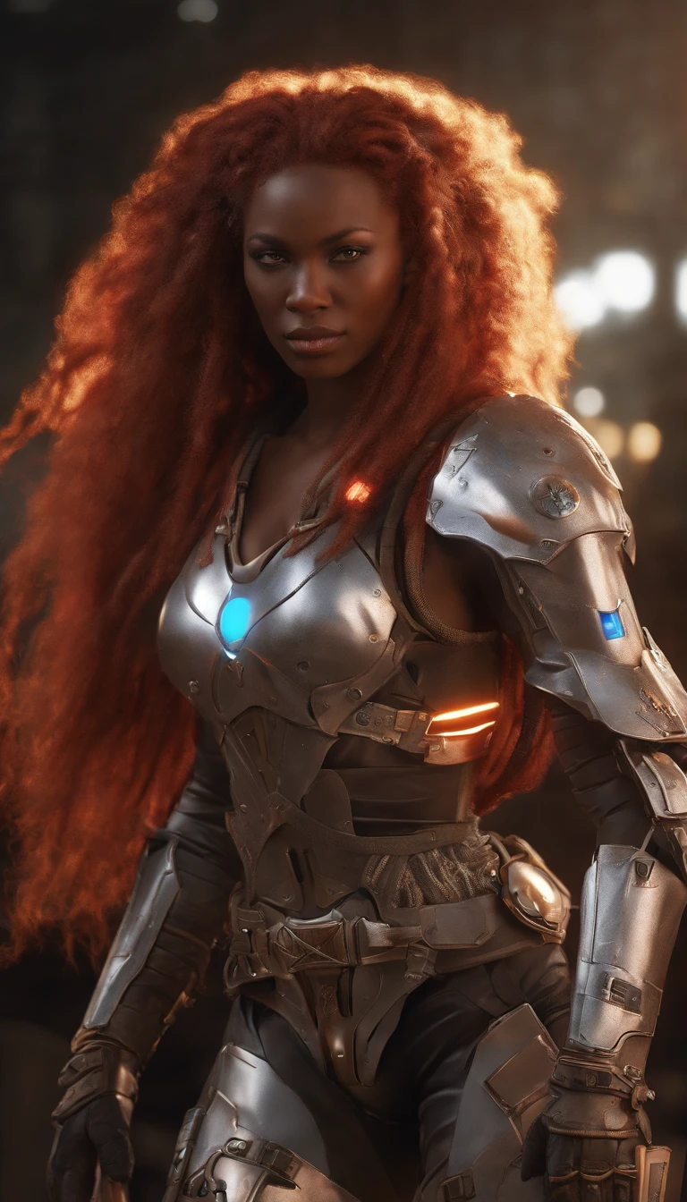 Realistic anime style, Japanese anime, Real anime, Anger release, Angry, African American cyborg soldier with double samurai sword, Long red hair braids, Glowing neon X eyes, There are shotguns on the sides, heavy Mecha armors, scybernetic, Cyberpunk, Colorful Japanese stickers on armor, On Venus, Wasteland, Apocalypse, The planet Barron's Venus, Cinematic, Volume lighting, Genuine leather WRX62, Reflective skin MH66, VSGX62, Real Life 5D Pro, Nedia, AMD graphics, Epic portrait, Cinematic style dynamic lighting pro, Highly detailed, microscopic details, Intricate, 8K, ultra - detailed, photoreal render, illusory engine, Hyperrealistic, Lifelike, very coherent, fantasy, Cinematic lighting, At night, Epic composition, Masterpiece, Cinematic,