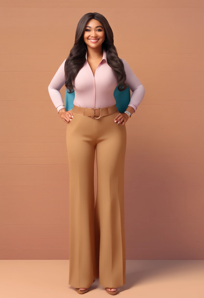 Nude Massive tits, malay woman, pretty, age 40, brown skin, curvy woman, thicc woman, thin waist, long hair, wear tight brown blazer, pink shirt, wear long khaki skirt, wear black high heels,long legs, carry bagpack, the other other hand inside the pocket, smiling wide, happy, full body shot, standing, zoom out, light yellow background, blue background, seamless background, professional lighting, professional studio, young style, gen-z style, happy style, happy gesture, fun gesture