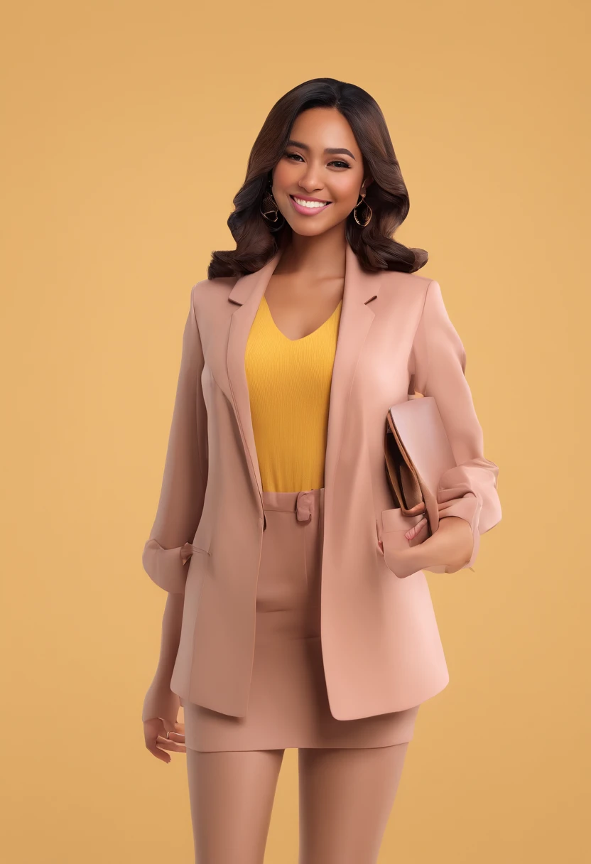 Nude Massive tits, malay woman, pretty, age 40, brown skin, curvy woman, thicc woman, thin waist, long hair, wear tight brown blazer, pink shirt, wear long khaki skirt, wear black high heels,long legs, carry bagpack, the other other hand inside the pocket, smiling wide, happy, full body shot, standing, zoom out, light yellow background, blue background, seamless background, professional lighting, professional studio, young style, gen-z style, happy style, happy gesture, fun gesture