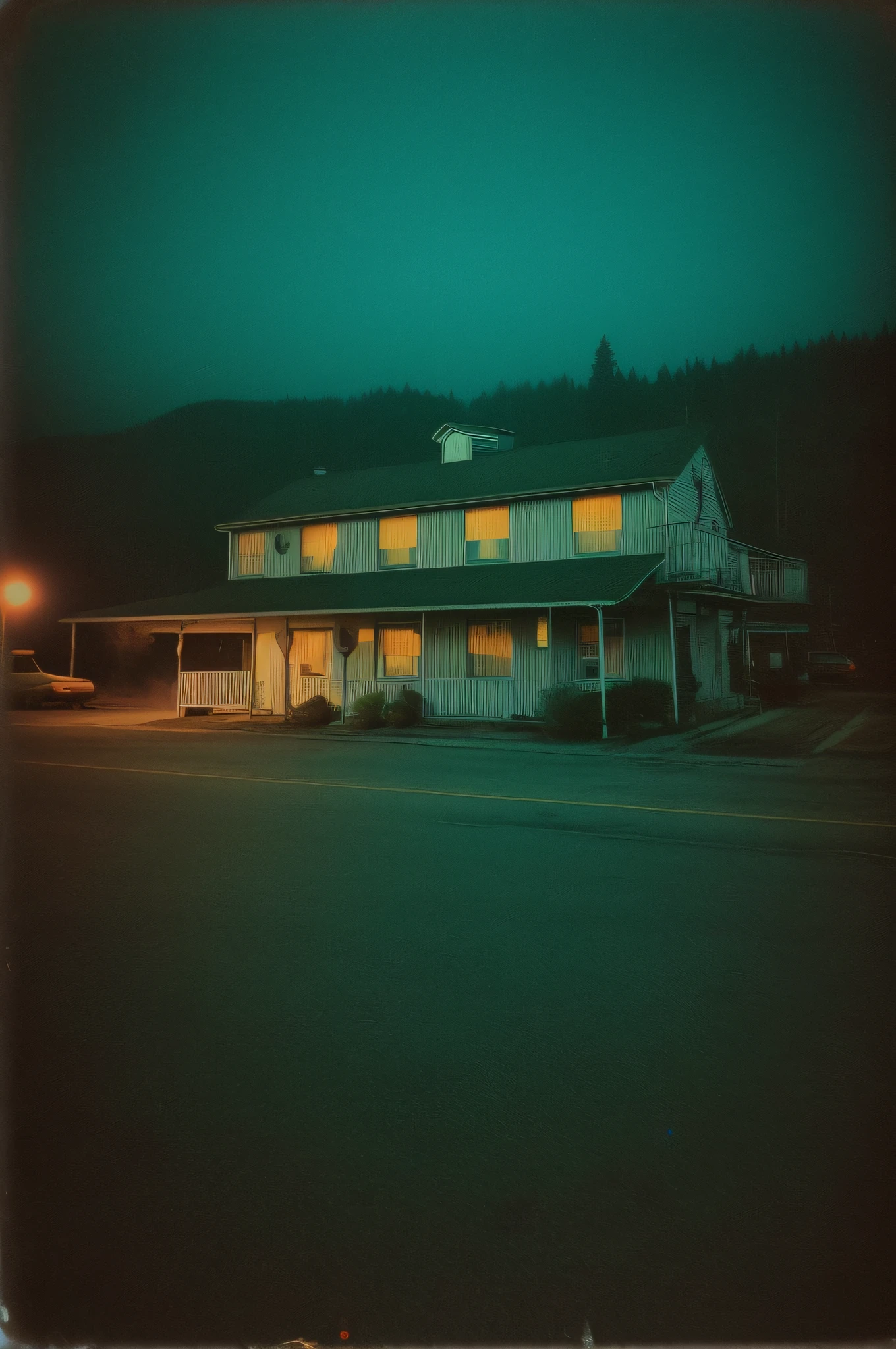 Nostalgic but unsettling photos、Images in a dream、uneasy、deep in the night、motel、Motel Area、unmanned、There are no people、Particle、Grainy photo、Film Touch、color photograph、horor、wide angles、wide-angle lens、