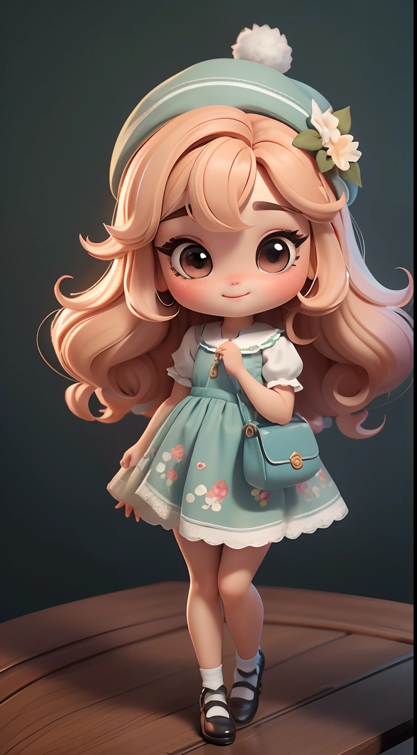Create a series of cute  chibi style loliolls with a cute forest theme, sorridente e fofa, each with lots of detail and in an 8K resolution. All dolls should follow the same solid background pattern and be complete in the image, mostrando o (corpo inteiro, incluindo as pernas: 1.5)

Boneca fada: Chame-a de Bella. Ela deve ter cabelo longo e cacheado em tons terrosos claros e pastel. Seus olhos devem ser grandes e brilhantes, with long eyelashes and rosy cheeks. Bella deve estar vestida com um vestido delicado e longo, com avental estampado e saia longa rodada. She must wear a hat and no accessories in her hands, deixando elas sem nada. Don't forget the details, com detalhes coloridos e enfeites encantadores, sapato bonito

Certifique-se de adicionar sombras, texturas e detalhes nos cabelos, roupas, Cute accessories of each doll, to make them even more adorable and charming.