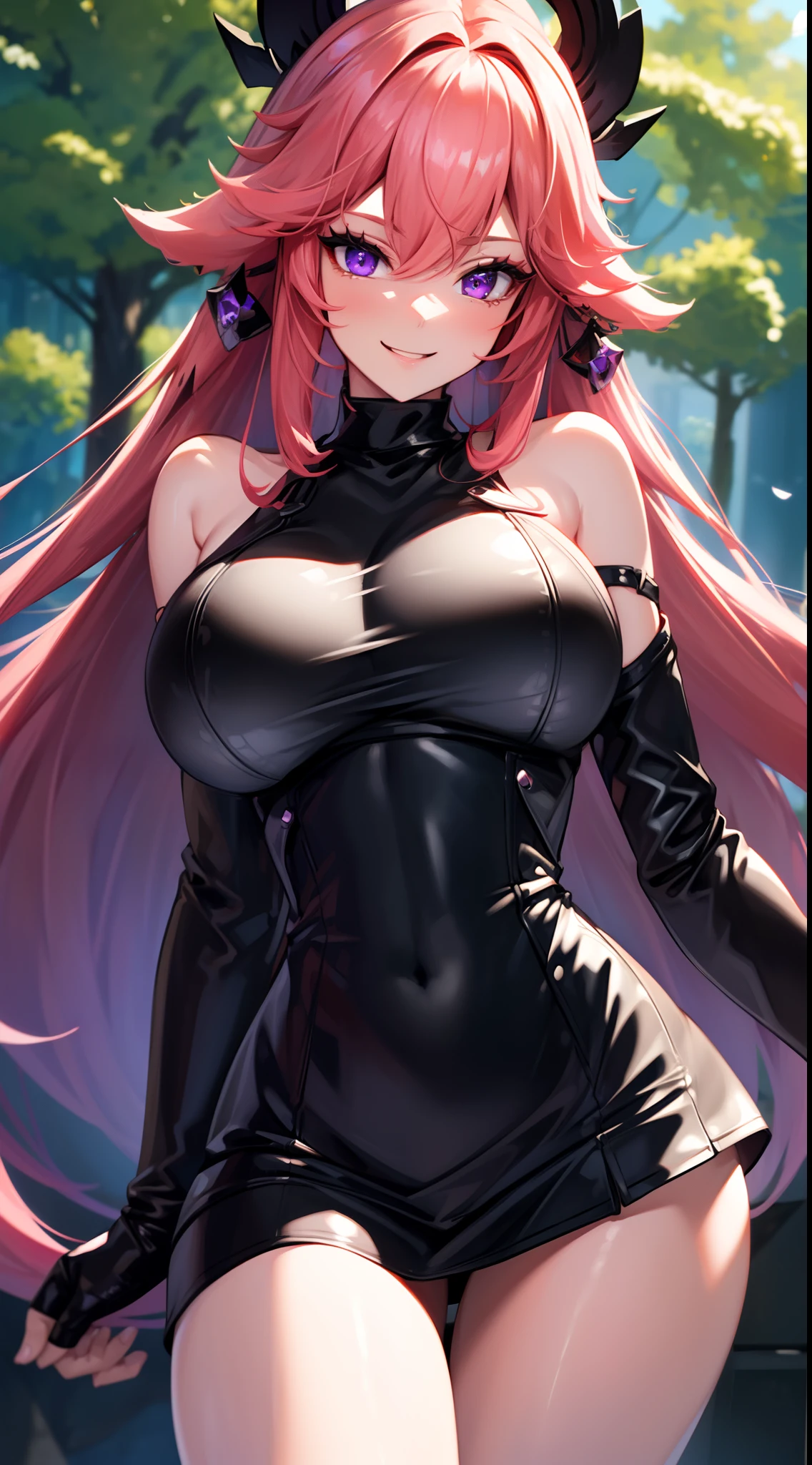 (Yaedef:1.4), 8k, highres, ultra detailed, (masterpiece:1.4), best quality, symmetrical body, (black short leather dress:1.4), cute, solo, long hair, pink hair, purple eyes, glow effect, finely eye, wide smile, detailed face, looking at viewer, smilling at viewer, in the park, angled view, huge breasts