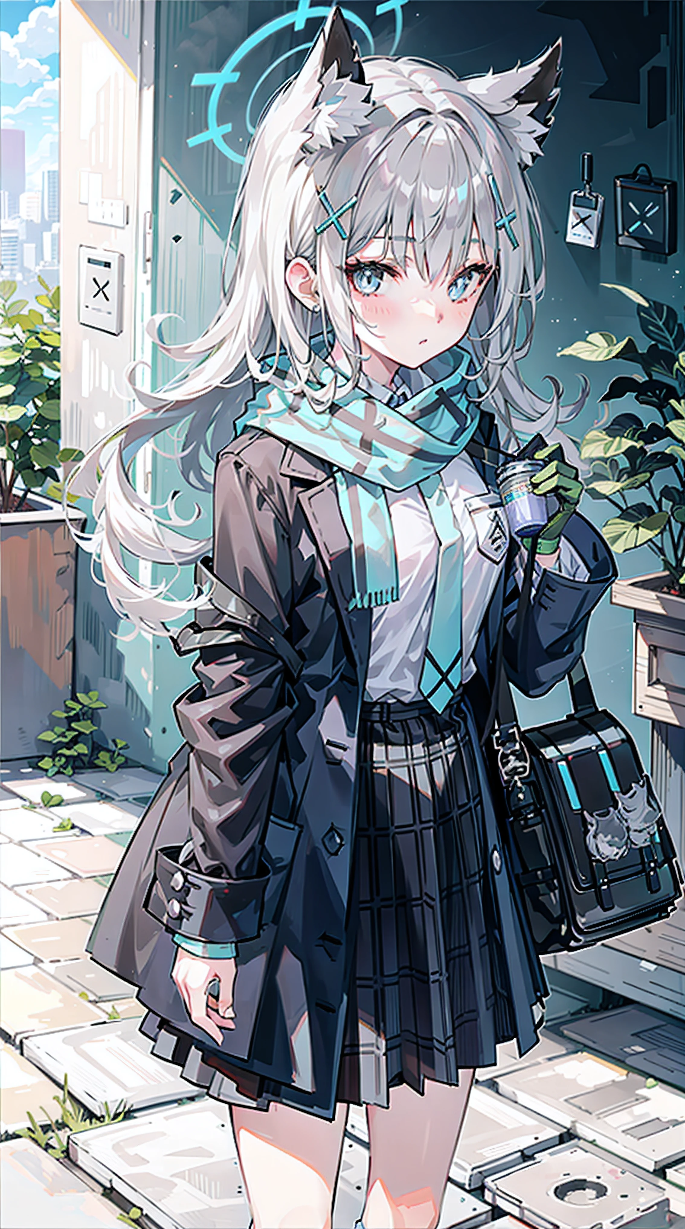 Sand Wolf Shiroko,Long white hair,With gray eyes。