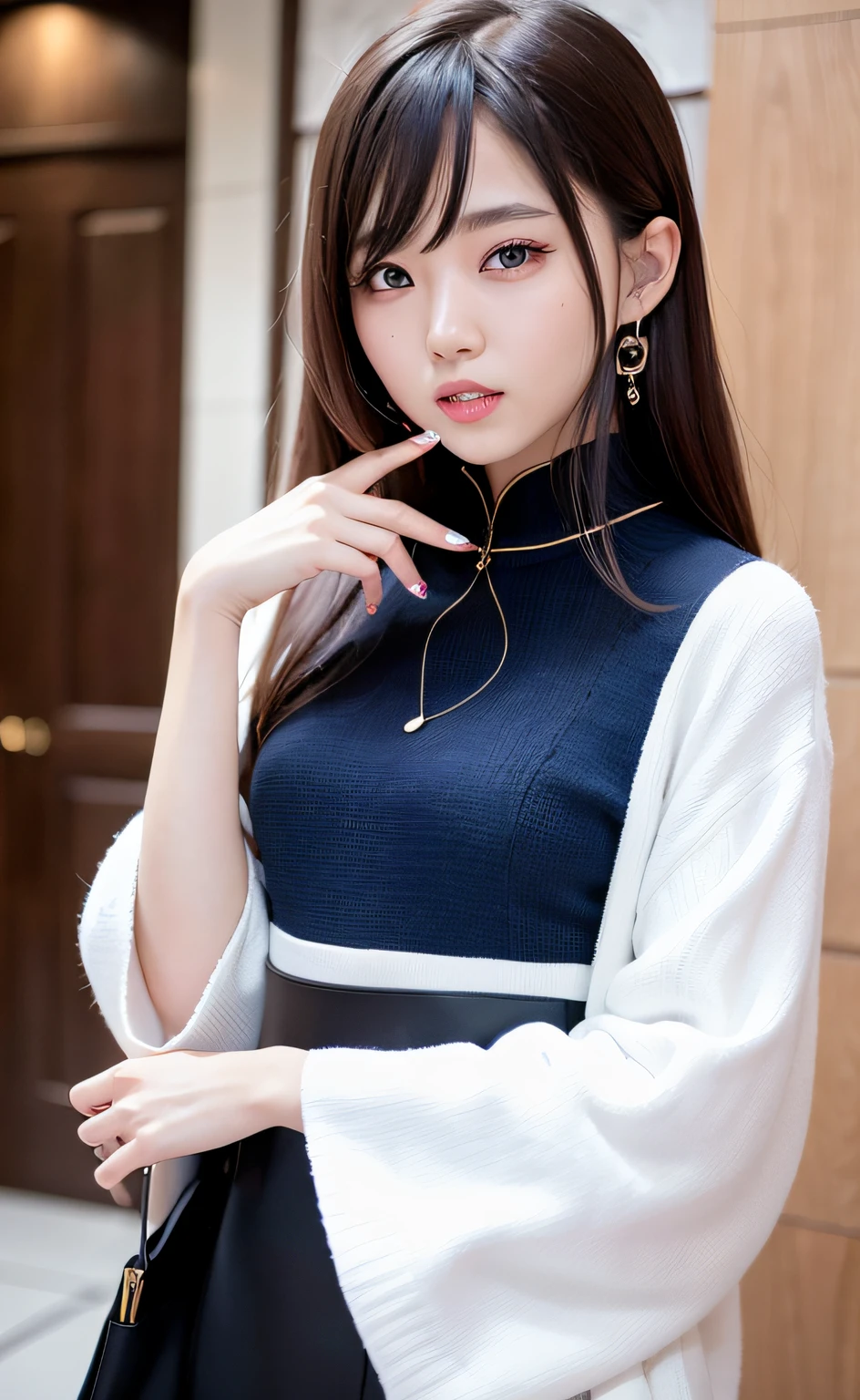 Best quality at best，超高分辨率，（真实感：1.4），A beautiful Chinese girl，Detailed facial details，Beautiful detailed eyes，Khaki hair，blue colored eyes，slim，haunting smile，（Makeup：0.3），Redlip，Nice clothes，（ulzzang-6500-v1.1：0.3）