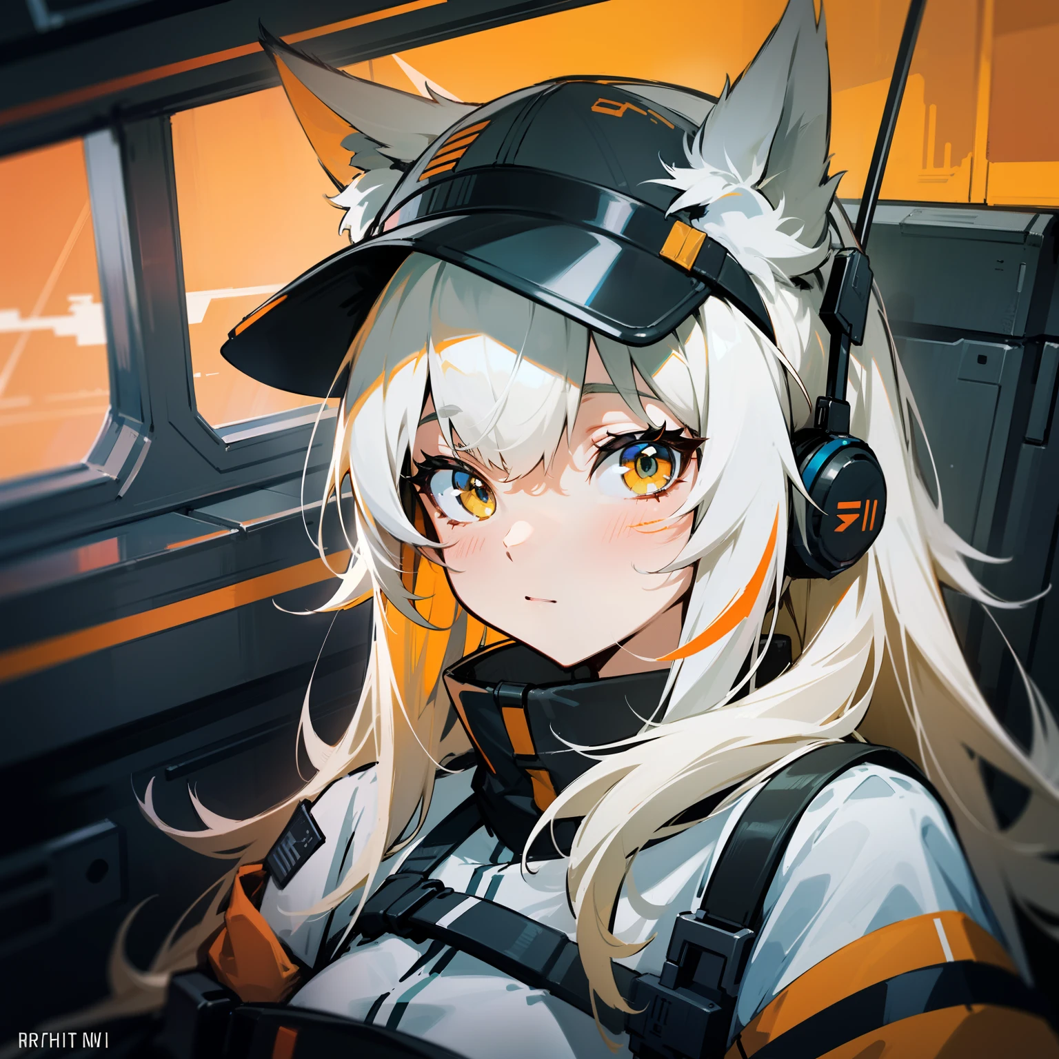 a close up of a person wearing orange headphones and a hat, from arknights, from girls frontline, arknights, girls frontline style, anime style 4 k, anime girl with cat ears, kantai collection style, beautiful anime foxgirl, cute anime foxgirl, girls frontline universe, anime fox girl, high quality anime artstyle, foxgirl, detailed anime character art,white hair,sitting in helicoptere gun ship about to take off,night