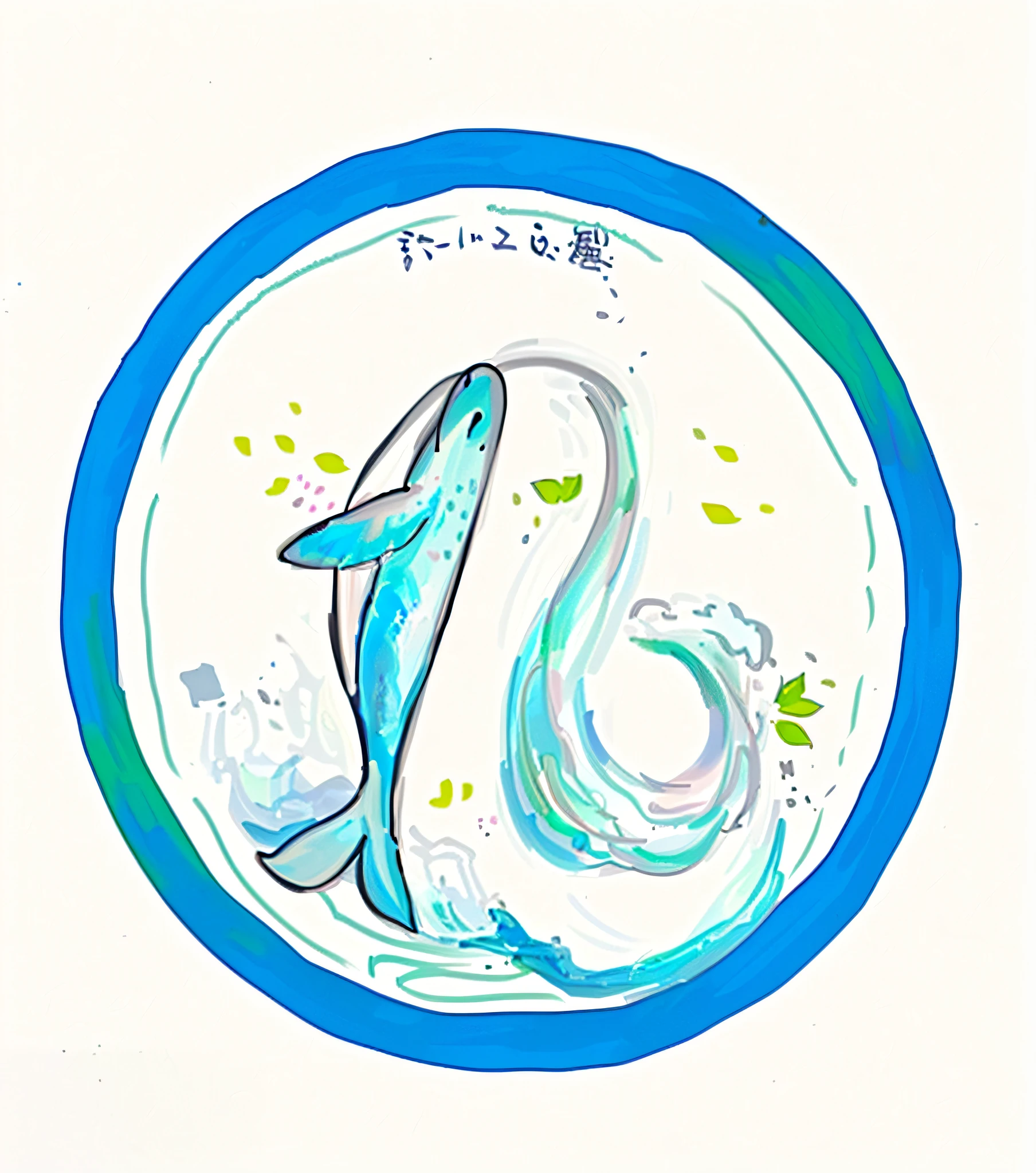 There is a picture of a dolphin painted in a circle of leaves, Water type, ethereal eel, inspired by Shūbun Tenshō, water elemental, shirabii, inspired by Kanō Tan'yū, inspired by Miyagawa Isshō, inspired by Gyoshū Hayami, inspired by Tani Bunchō