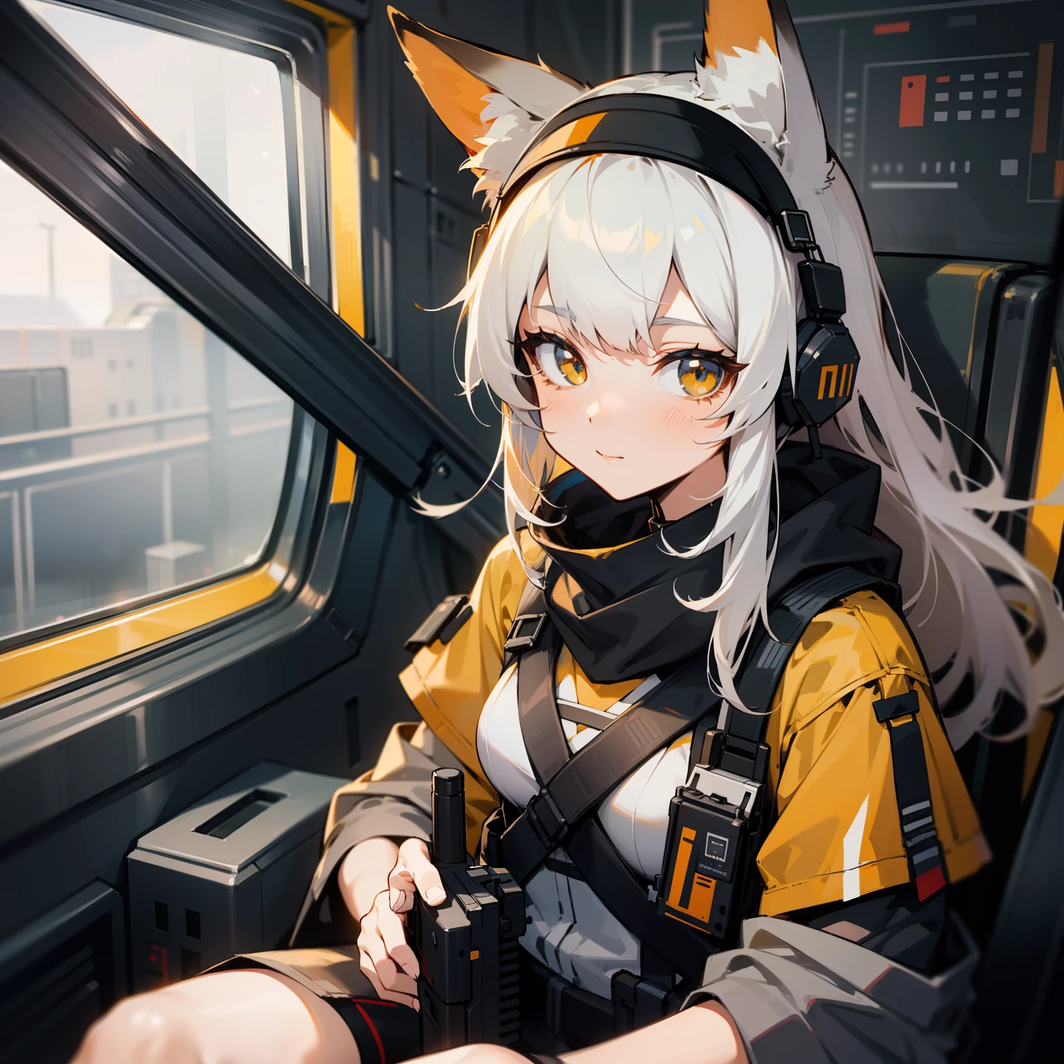 a close up of a person wearing orange headphones and a hat, from arknights, from girls frontline, arknights, girls frontline style, anime style 4 k, anime girl with cat ears, kantai collection style, beautiful anime foxgirl, cute anime foxgirl, girls frontline universe, anime fox girl, high quality anime artstyle, foxgirl, detailed anime character art,white hair,sitting in helicoptere gun ship about to take off,night