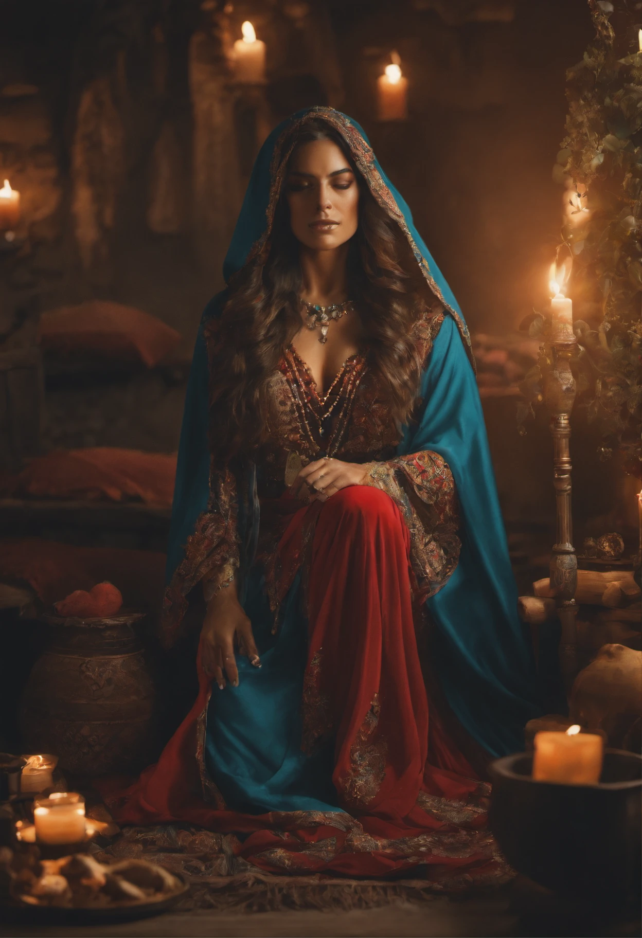 a gypsy Latina in typical mystical gypsy robes doing magic, rpg, fantasia, fantástio, 4k, UHD