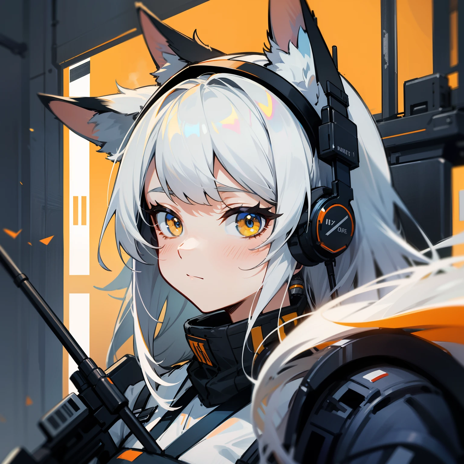 a close up of a person wearing orange headphones and a hat, from arknights, from girls frontline, arknights, girls frontline style, anime style 4 k, anime girl with cat ears, kantai collection style, beautiful anime foxgirl, cute anime foxgirl, girls frontline universe, anime fox girl, high quality anime artstyle, foxgirl, detailed anime character art,white hair,sitting in helicoptere gun ship about to take off,night